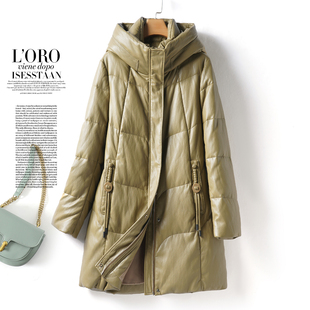 海宁真皮衣女士中长款连帽韩版宽松大码女装外套冬季绵羊皮羽绒服