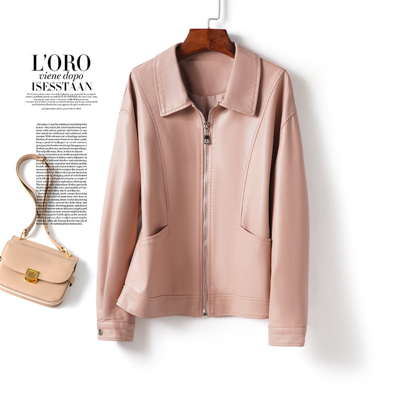 皮衣女真皮外套短款翻领粉色减龄皮夹克海宁春秋新款绵羊皮小个子