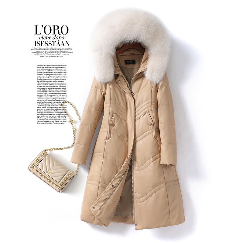 皮衣女连帽中长款绵羊皮羽绒海宁