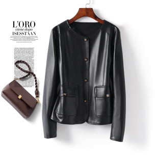 真皮女皮衣短款黑色显瘦圆领百搭绵羊皮外套春秋新款皮夹克小个子