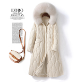 真皮皮衣女中长款 皮羽绒 连帽狐狸毛领米白绵羊皮外套2026海宁新款