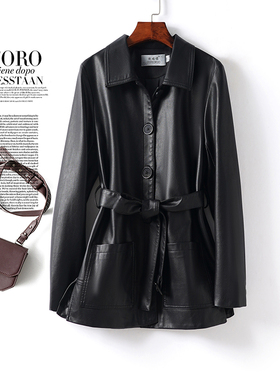 真皮衣女士黑色中长款翻领系带绵羊皮外套秋冬新款海宁高档皮夹克