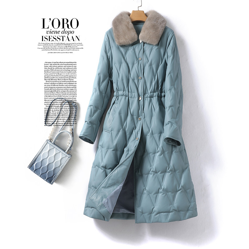 皮衣女真皮外套中长款系带收腰水貂毛领气质羽绒新款白鸭绒绵羊皮,女装/女士精品,皮衣,淘宝优惠券,粉丝福利购,淘宝优惠卷