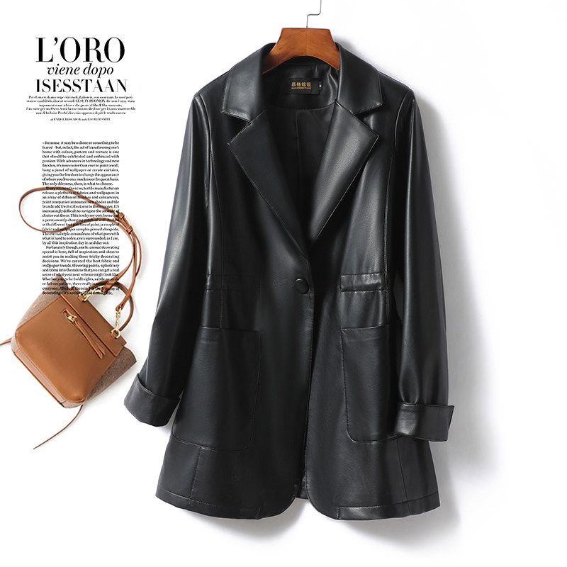 皮衣女外套西装领黑色中长收腰气质绵羊皮秋冬新款高级感真皮西服