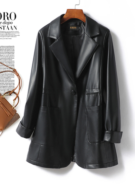 皮衣女外套西装领黑色中长收腰气质绵羊皮秋冬新款高级感真皮西服