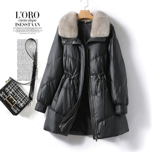 皮皮羽绒服女士中长款系带收腰黑色貂毛领韩版新款白鸭绒真皮外套