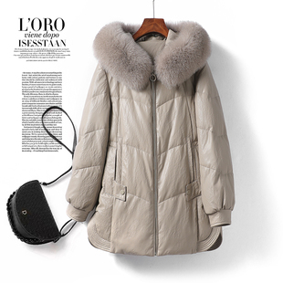 绵羊皮衣女真皮外套常规连帽狐狸毛领90白鸭绒海宁2025新款 皮羽绒