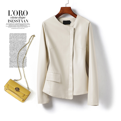 海宁绵羊皮短款米白修身气质皮衣