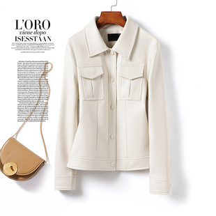 海宁皮衣女短款白色翻领韩版小外套绵羊皮秋冬新款真皮夹克小个子