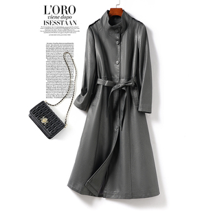 海宁皮衣女中长款立领系带收腰气质真皮外套2025年新款绵羊皮大衣