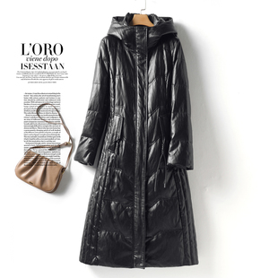 绵羊皮羽绒服女中长款连帽黑色显瘦气质外套冬季90白鸭绒真皮羽绒