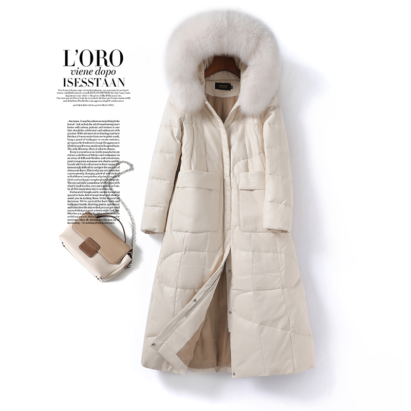海宁真皮皮衣长款米白色修身气质