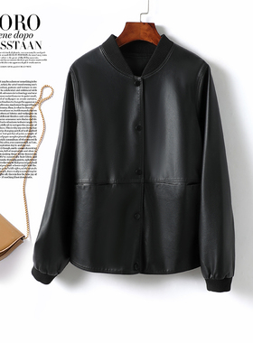 皮夹克女短款棒球服领休闲黑色外套绵羊皮2025新款海宁真皮女皮衣