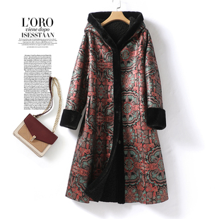 绵羊皮外套女真皮 中年新款 海宁皮衣女中长款 连帽加厚红花色加大码