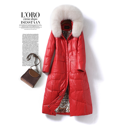 羽绒服女长款大红色连帽狐狸毛领修身气质外套新款绵羊皮衣白鸭绒