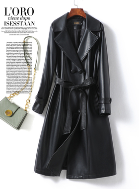 皮衣女真皮外套中长黑色系带收腰加大码绵羊皮秋冬新款海宁皮大衣