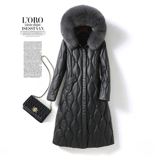 皮羽绒服女中长款狐狸毛领黑色修身海宁真皮外套白鸭绒新款女皮衣