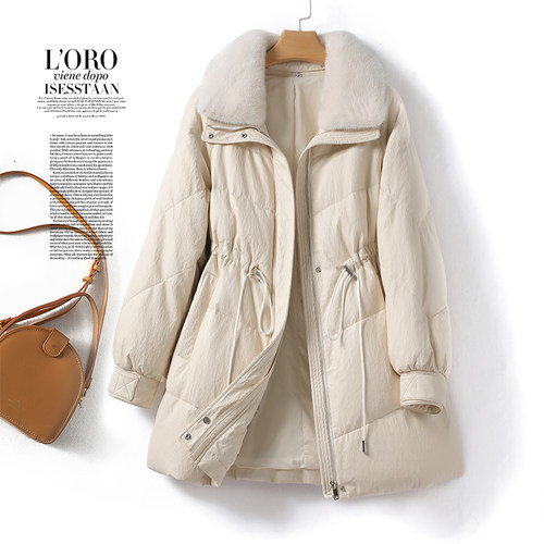皮衣女中长款韩版米白毛领白鸭绒