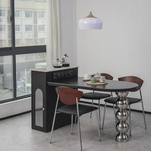 中古风不锈钢岛台餐桌一体可伸缩小户型家用轻奢岩板半圆中导台桌