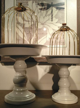 欧式风白色陶瓷托盘鸟笼装饰摆件