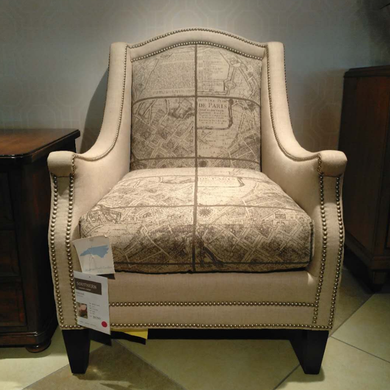 原装进口正版现货美式休闲米白色布艺铆钉地图图案单人休闲沙发
