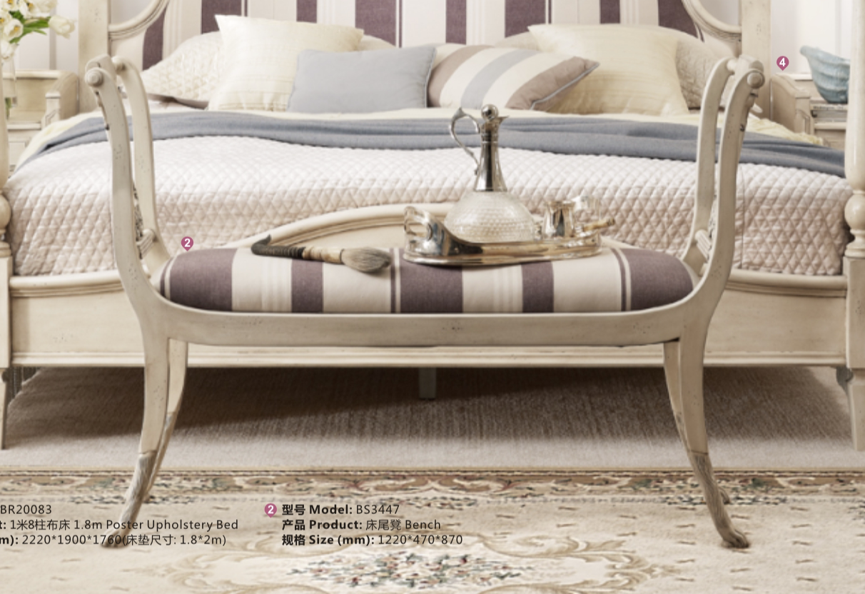 正版现货法式地中海条格布艺米白色木架师脚床尾凳爆亏狂甩一口价