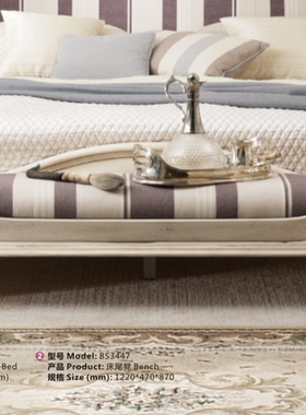 正版现货法式地中海条格布艺米白色木架师脚床尾凳爆亏狂甩一口价