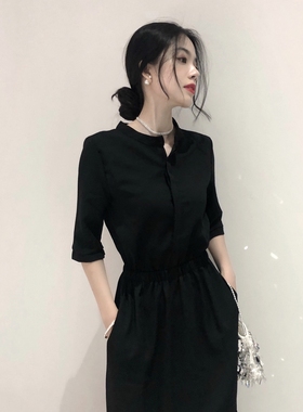 裙子女长款夏季收腰显瘦气质长裙高级感雪纺赫本风中袖黑色连衣裙