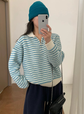 韩系慵懒风条纹撞色翻领针织衫开衫女秋冬新款宽松显瘦毛衣外套