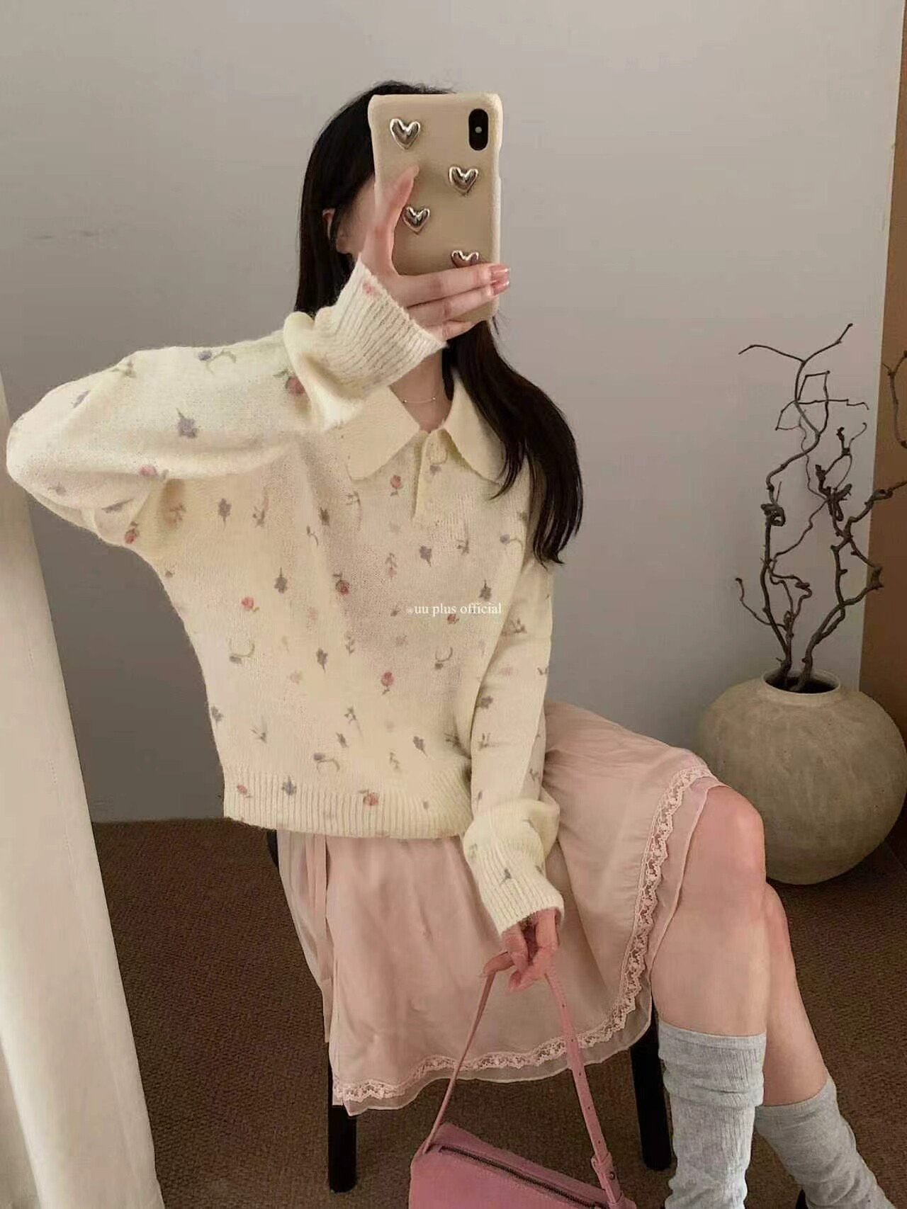 韩系小清新碎花翻领针织衫套头上衣女秋冬新款设计感毛衣