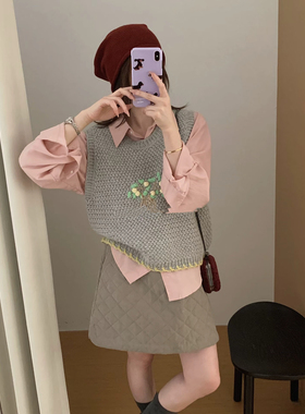 韩系小清新设计感花朵图案圆领毛衣背心女秋冬新款小众减龄马甲