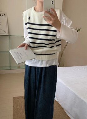 喜番自制韩系百搭条纹针织无袖秋季宽松小马刺绣软糯叠穿背心上衣