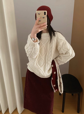 韩系设计感菱格麻花镂空针织衫女秋冬新款宽松显瘦百搭毛衣上衣