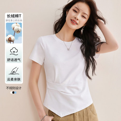【小蛮腰】不规则压褶收腰T恤女短袖女设计感圆领上衣2026夏新款