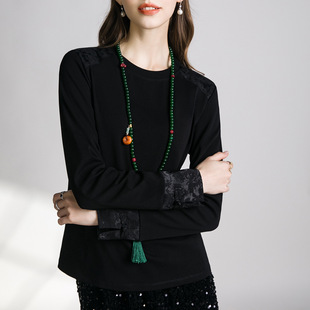 2025黑色新中式上衣感缎面拼接春季新款提花国风盘扣圆领t恤