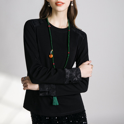 2025黑色新中式上衣感缎面拼接春季新款提花国风盘扣圆领t恤