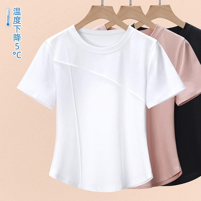 2025丝光棉白色t恤女短袖新款百搭显瘦衣服纯色冰丝体恤圆领上衣