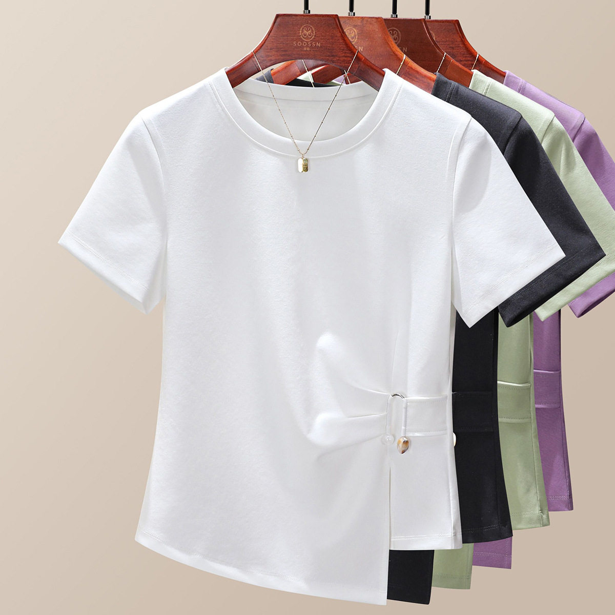 2025不规则短袖t恤女夏季新款洋气小衫减龄时尚显瘦收腰白色上衣