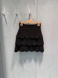 新款这个设计有点美层次波浪花边高腰黑色三层花边蛋糕半群短裙