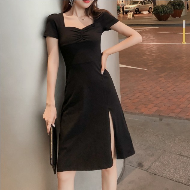 3欧美风性感开叉连衣裙女莫代尔方领修身显瘦A字裙收腰气质小黑裙