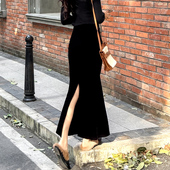 金丝绒半身裙女春秋2025新款 高腰复古后开叉长款 包臀鱼尾半身长裙