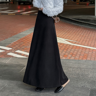 毛呢半身裙女黑色高腰A字裙长款秋冬季新款显瘦百搭挺廓呢子长裙