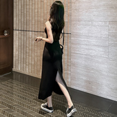 吊带连衣裙女黑色包臀后开叉长裙夏2025新款 打底裙长款 A字背心裙