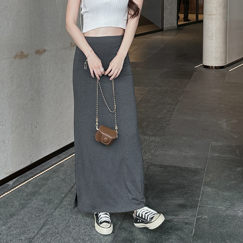 灰色莫代尔垂感半身裙女高腰显瘦直筒长裙夏季新款长款开叉一步裙