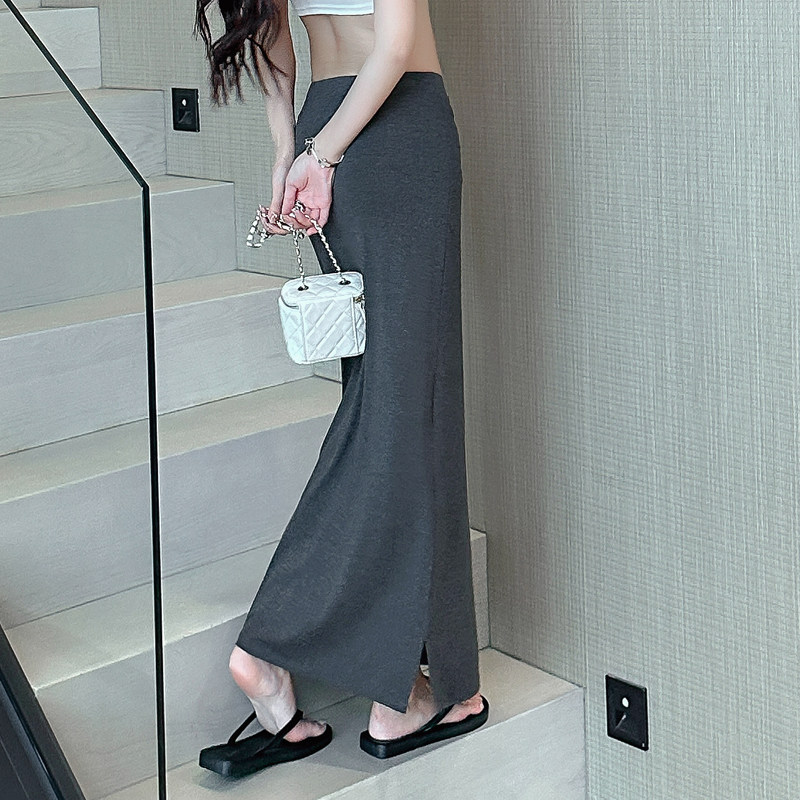 莫代尔垂感一步裙女灰色长款半身裙夏季新款百搭高腰显瘦开叉长裙
