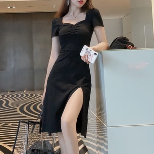 莫代爾連衣裙女中長(zhǎng)款 女人味性感開(kāi)叉小黑裙顯瘦T恤裙 2025夏新款