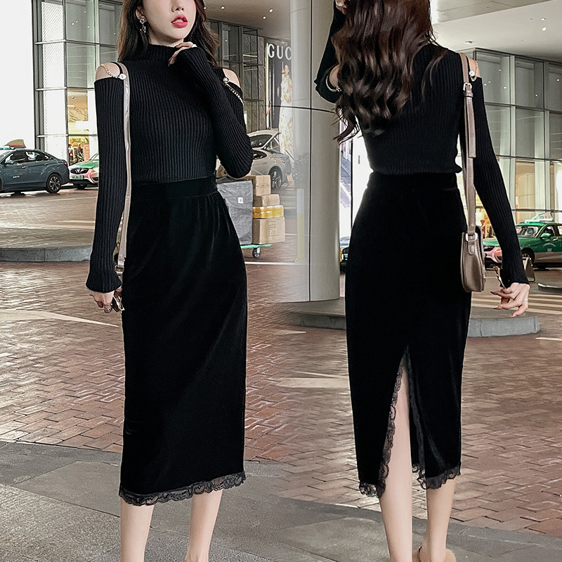 金丝绒高腰后开叉一步裙半身裙女拼接小个子韩版中长款包臀裙秋冬,女装/女士精品,半身裙,淘宝优惠券,粉丝福利购,淘宝优惠卷
