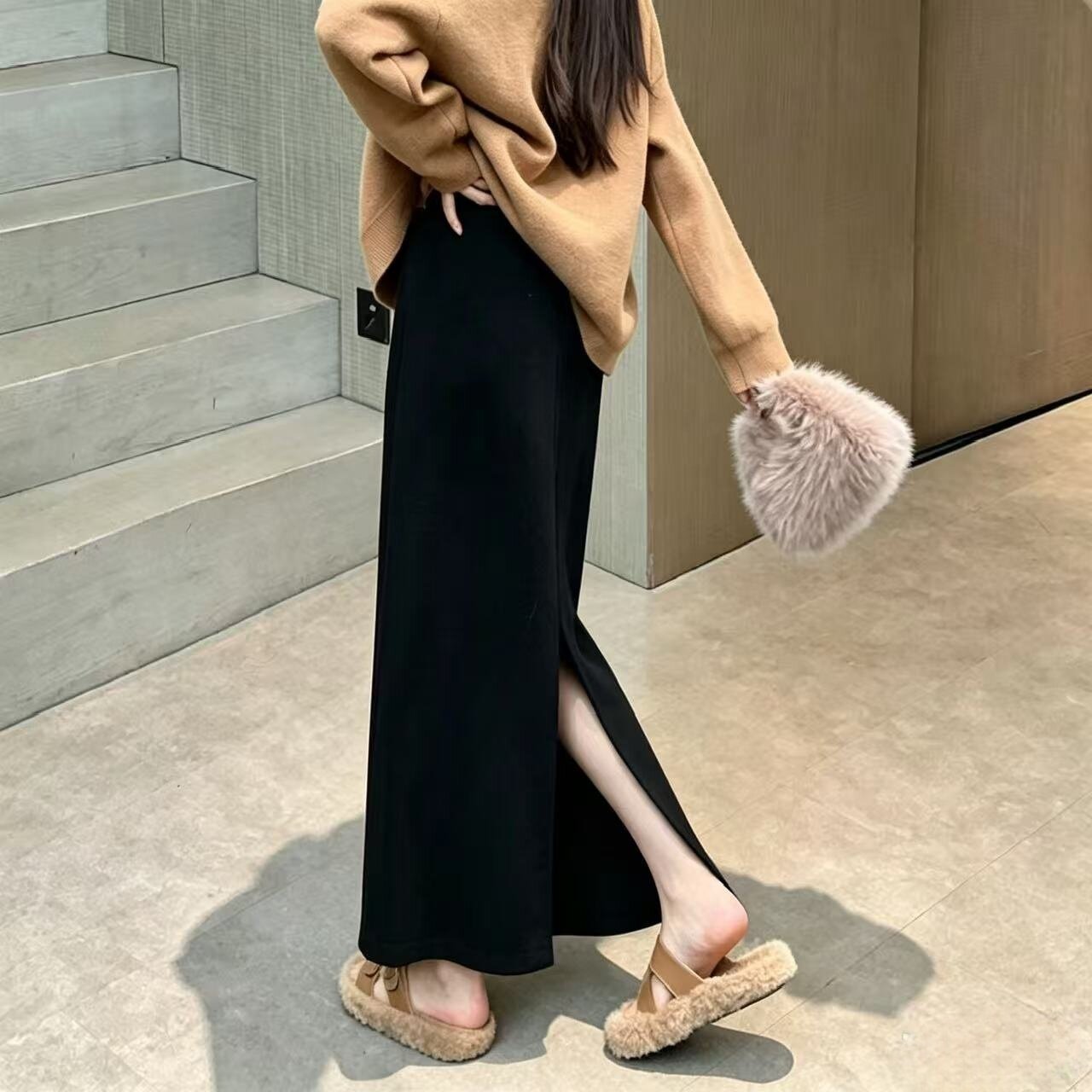 毛呢半身裙女中长款宽松直筒裙高腰后开叉包臀裙秋冬黑色通勤长裙