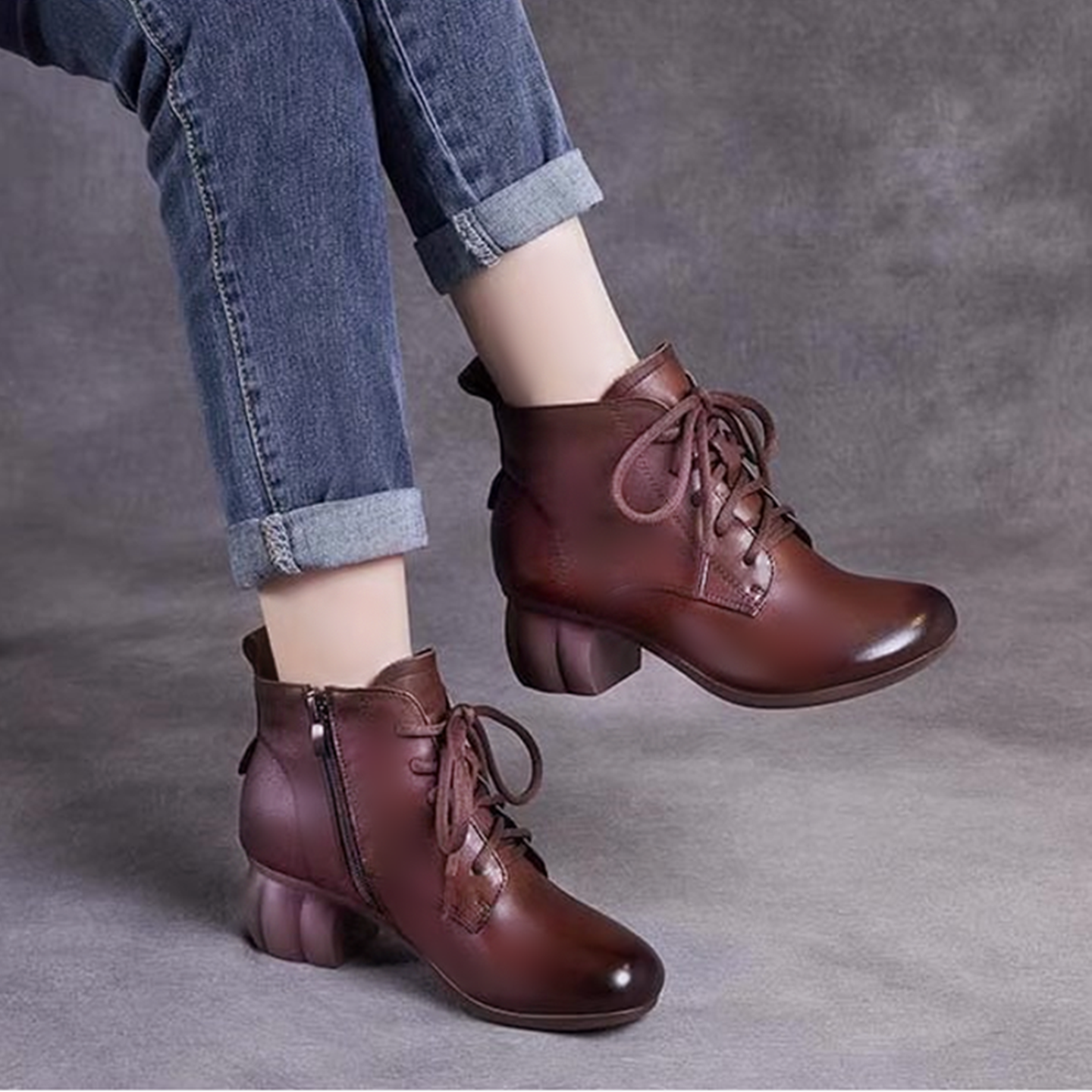 头层牛皮短靴女单靴粗跟马丁靴