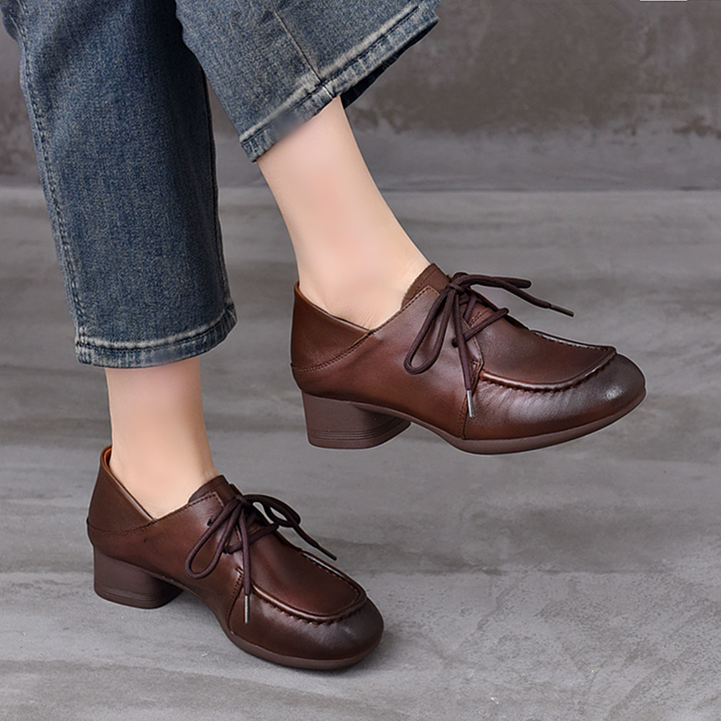 复古风真皮系带深口单鞋女粗跟圆头舒适百搭英伦风低跟舒适小皮鞋,女鞋,深口单鞋,淘宝优惠券,粉丝福利购,淘宝优惠卷